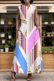 Purple Green Graphics Print Sleeveless O Neck Pocket Casual Loose Vacation Maxi Dresses