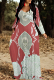 Lake Blue National Totem Print O Neck Long Sleeve Pocket Casual Outing Plus Size Straight Loose Maxi Dress