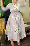 Pink Graphics Print O Neck 3/4 Sleeve Belted Pockets Long Vacation Casual Pleated A Line Maxi Dresses