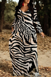 Snakeskin Zebra Print Long Sleeve Floor Length Loose Vacation Casual Baggy Maxi Dress