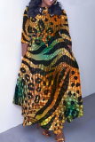 Khaki Graphics Print O Neck 3/4 Sleeve Belted Pockets Long Vacation Casual Pleated A Line Maxi Dresses
