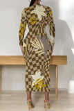 Color Floral Print Round Neck Long Sleeve Prom Party Bodycon Maxi Dresses