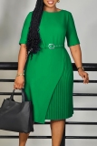 Green O Neck Half Sleeve With Belt Casual Formal Office Lady Pleated Midi Dresses