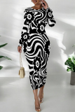Color Floral Print Round Neck Long Sleeve Prom Party Bodycon Maxi Dresses