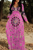 Lake Blue National Totem Print O Neck Long Sleeve Pocket Casual Outing Plus Size Straight Loose Maxi Dress