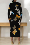 Orange Butterfly Graffiti Print Round Neck Long Sleeve Prom Party Bodycon Maxi Dresses