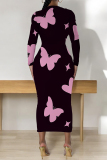 Orange Butterfly Graffiti Print Round Neck Long Sleeve Prom Party Bodycon Maxi Dresses
