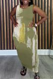 Grey Graphics Print Sleeveless O Neck Casual Vacation Maxi Tank Dresses