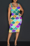 Dark Gray Graphics Print Sleeveless U Neck Casual Outing Plus Size Bodycon Midi Vest Dresses