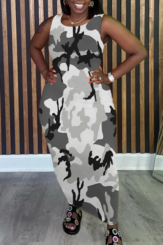 Grey Graphics Print Sleeveless O Neck Casual Vacation Maxi Tank Dresses