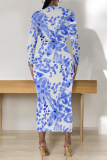 Color Floral Print Round Neck Long Sleeve Prom Party Bodycon Maxi Dresses
