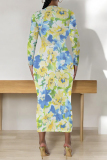 Color Floral Print Round Neck Long Sleeve Prom Party Bodycon Maxi Dresses