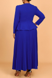 Blue Flowers Decor Hot Drill O Neck Ruffle Casual Formal Office Lady Plus Size Pleated Maxi Dresses