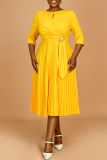 Yellow Half Sleeve O Neck Hollow Out Casual Formal Office Lady Plus Size Pleated Midi Dresses