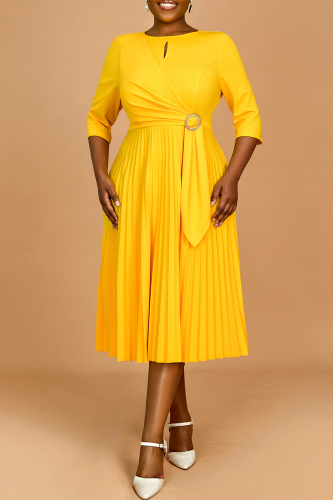 Yellow Half Sleeve O Neck Hollow Out Casual Formal Office Lady Plus Size Pleated Midi Dresses
