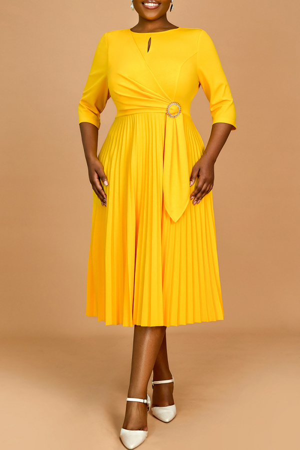 Yellow Half Sleeve O Neck Hollow Out Casual Formal Office Lady Plus Size Pleated Midi Dresses