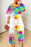 Black Ink Splash Print Off Shoulder Long Sleeve Casual Vacation Harem Leg Jumpsuits
