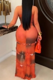 Orange Ombre Print Backless Sleeveless Ruffle Trim Slit Vacation Maxi Slip Dresses