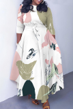 Green Graphics Print O Neck 3/4 Sleeve Belted Pockets Long Vacation Casual Pleated A Line Maxi Dresses