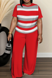 Green Striped Print O Neck Short Sleeve Oversize T-shirt And Wide Leg Pants Casual Two Pieces Trouser Sets