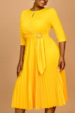 Yellow Half Sleeve O Neck Hollow Out Casual Formal Office Lady Plus Size Pleated Midi Dresses