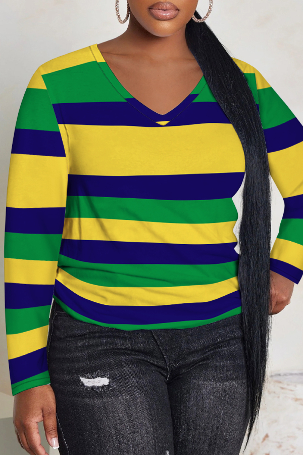 Green Striped Print V Neck Long Sleeve Casual Oversize Plus Size Tops