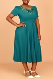 Lake Green Sequins Square Neck Short Sleeve Casual Formal Office Lady Pleated Maxi Dress