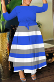 Green Striped Print O Neck 3/4 Sleeve Belted Pockets Long Vacation Casual Pleated A Line Maxi Dresses
