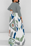 Brown Colorblock Print O Neck Long Sleeve Belt Loose Vacation A Line Maxi Swing Dresses