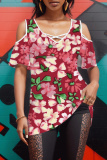 Pastel Green Plants Print V Neck Cold Shoulder Short Sleeve Hollow Out Casual Vacation Oversize T-Shirts