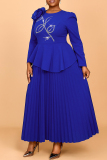Blue Flowers Decor Hot Drill O Neck Ruffle Casual Formal Office Lady Plus Size Pleated Maxi Dresses