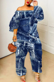 Sky Blue Faux Denim Print Off Shoulder Long Sleeve Casual Vacation Harem Leg Jumpsuits