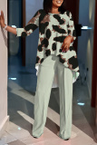 Apricot Leopard Print O Neck Long Sleeve Irregular Hem Tops And Pants Casual Formal Office Lady Two Pieces Trouser Sets