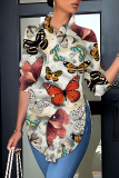 Purple Butterfly Print Long Sleeve Buttons Slit Turndown Collar Casual Plus Size Blouse Shirt Tops
