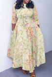 Green Graphics Print O Neck 3/4 Sleeve Belted Pockets Long Vacation Casual Pleated A Line Maxi Dresses
