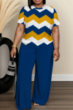 Royal Blue Wave Print O Neck Short Sleeve Oversize T-shirt And Wide Leg Pants Casual Two Pieces Trouser Sets