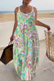 Black Red Graphics Print Backless Sleeveless Spaghetti Strap Floor Length Vacation Baggy Sundress Slip Maxi Dress