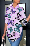 Purple Butterfly Print Long Sleeve Buttons Slit Turndown Collar Casual Plus Size Blouse Shirt Tops