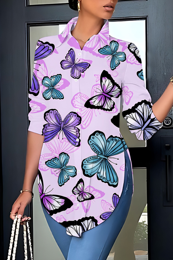 Purple Butterfly Print Long Sleeve Buttons Slit Turndown Collar Casual Plus Size Blouse Shirt Tops