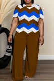 Royal Blue Wave Print O Neck Short Sleeve Oversize T-shirt And Wide Leg Pants Casual Two Pieces Trouser Sets