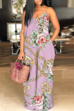 Tan Graphics Print Backless Sleeveless Spaghetti Strap Floor Length Vacation Baggy Sundress Slip Maxi Dress