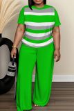 Green Striped Print O Neck Short Sleeve Oversize T-shirt And Wide Leg Pants Casual Two Pieces Trouser Sets