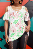 Pastel Green Plants Print V Neck Cold Shoulder Short Sleeve Hollow Out Casual Vacation Oversize T-Shirts