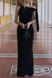 Black Sleeveless Sloping Shoulder Lace Up Irregular Formal Evening Party Prom Bodycon Maxi Dresses