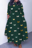 Gray Blue Graphics Print O Neck 3/4 Sleeve Belted Pockets Long Vacation Casual Pleated A Line Maxi Dresses