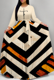 Brown Colorblock Print O Neck Long Sleeve Belt Loose Vacation A Line Maxi Swing Dresses