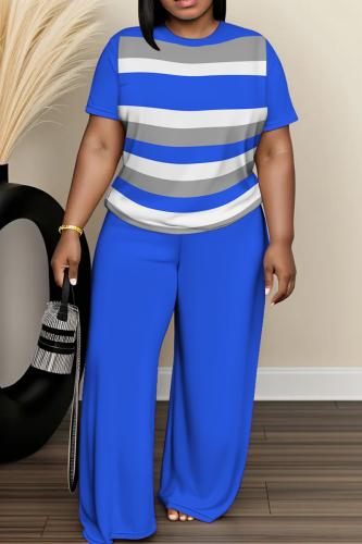 Green Striped Print O Neck Short Sleeve Oversize T-shirt And Wide Leg Pants Casual Two Pieces Trouser Sets