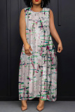 Army Green Graphics Print Sleeveless O Neck Loose Casual Vacation Maxi Tank Dresses