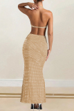 White Hot Drilling Sleeveless Backless Hollow Out Slit Formal Evening Party Prom Halter Bodycon Maxi Dresses