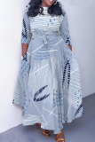 Green Graphics Print O Neck 3/4 Sleeve Belted Pockets Long Vacation Casual Pleated A Line Maxi Dresses